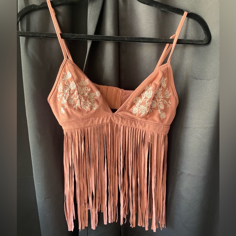 Embroidered Fringe Crop Top - Pink